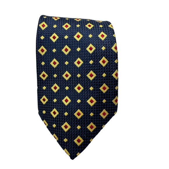 Burberrys Vintage Silk Tie Navy With Red & Yellow Diamond Pattern - Picture 1 of 5